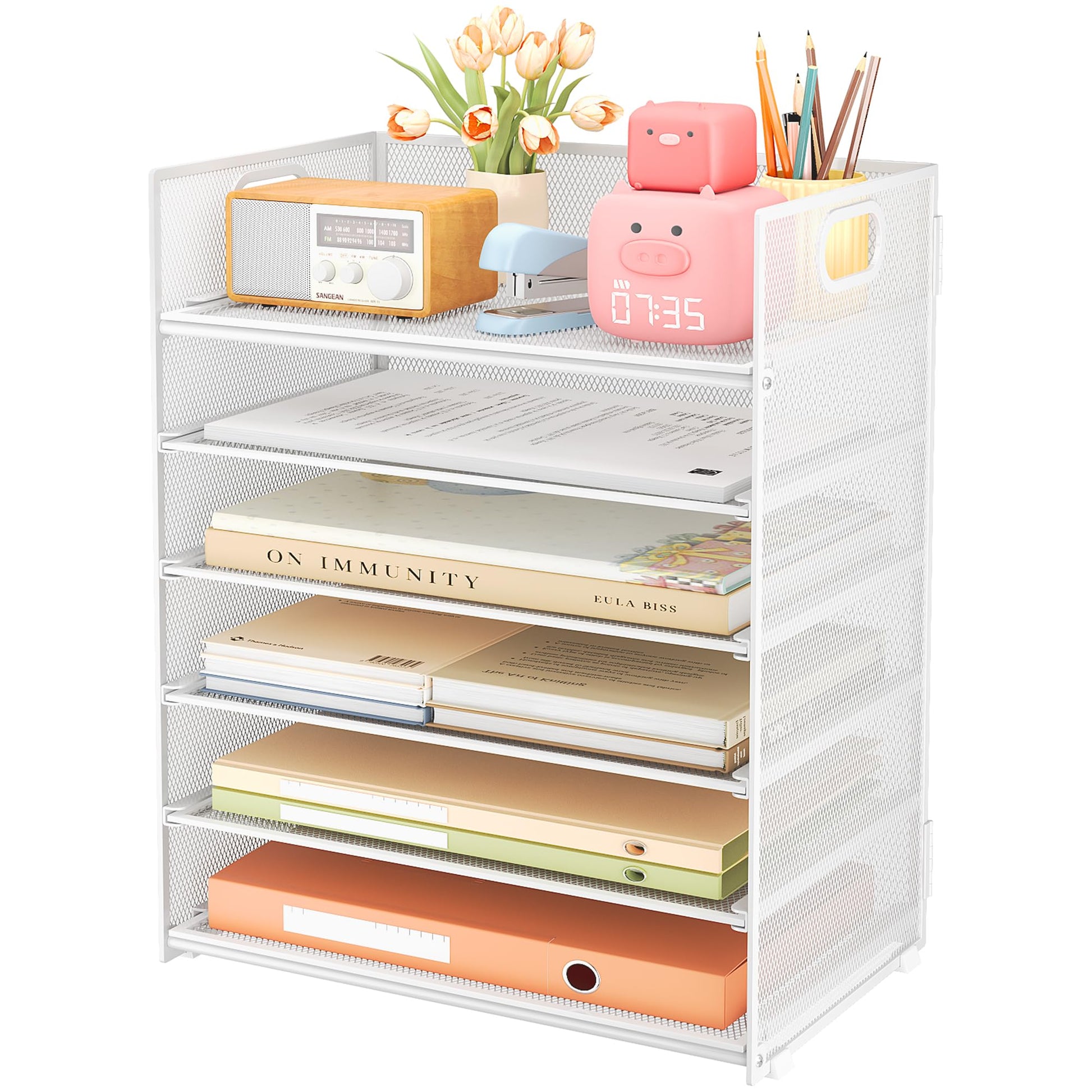 Subekyu 6 Tier Paper Organizer for Desk with Handle, Metal Mesh Desk Office File Folder Paper