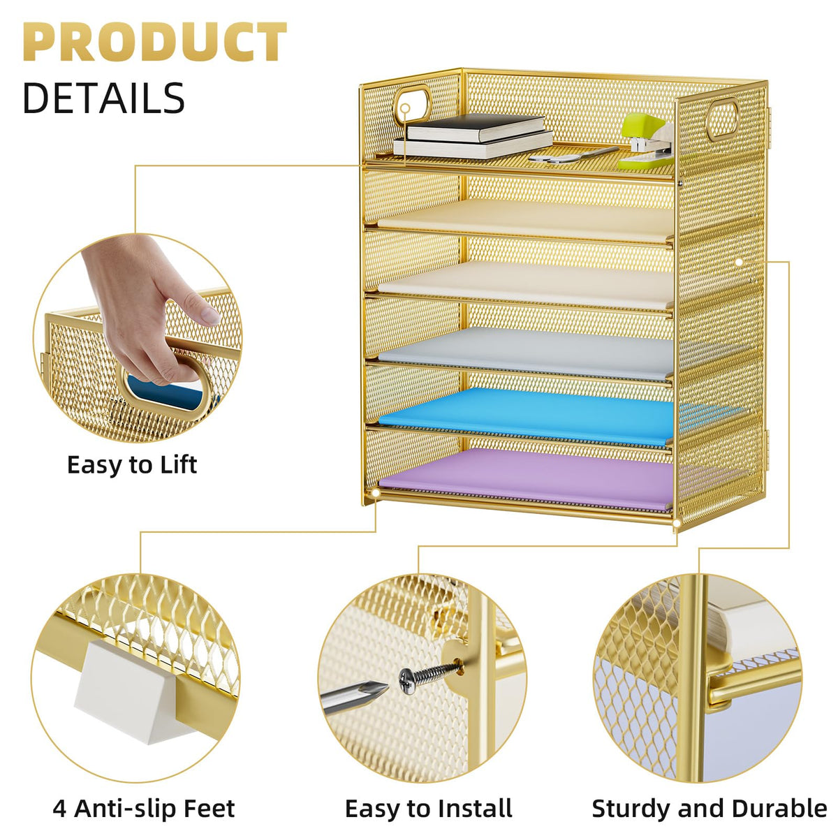 Marbrasse Paper Letter Tray Organizer - 6 Tier Mesh File Organizer with Handle, Paper Sorter