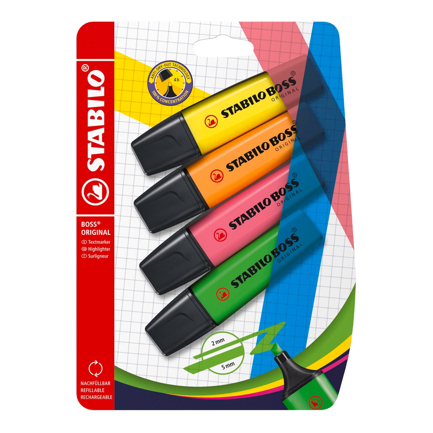 STABILO Highlighter BOSS ORIGINAL - Pack of 4 - Green, Pink, Orange, Yellow