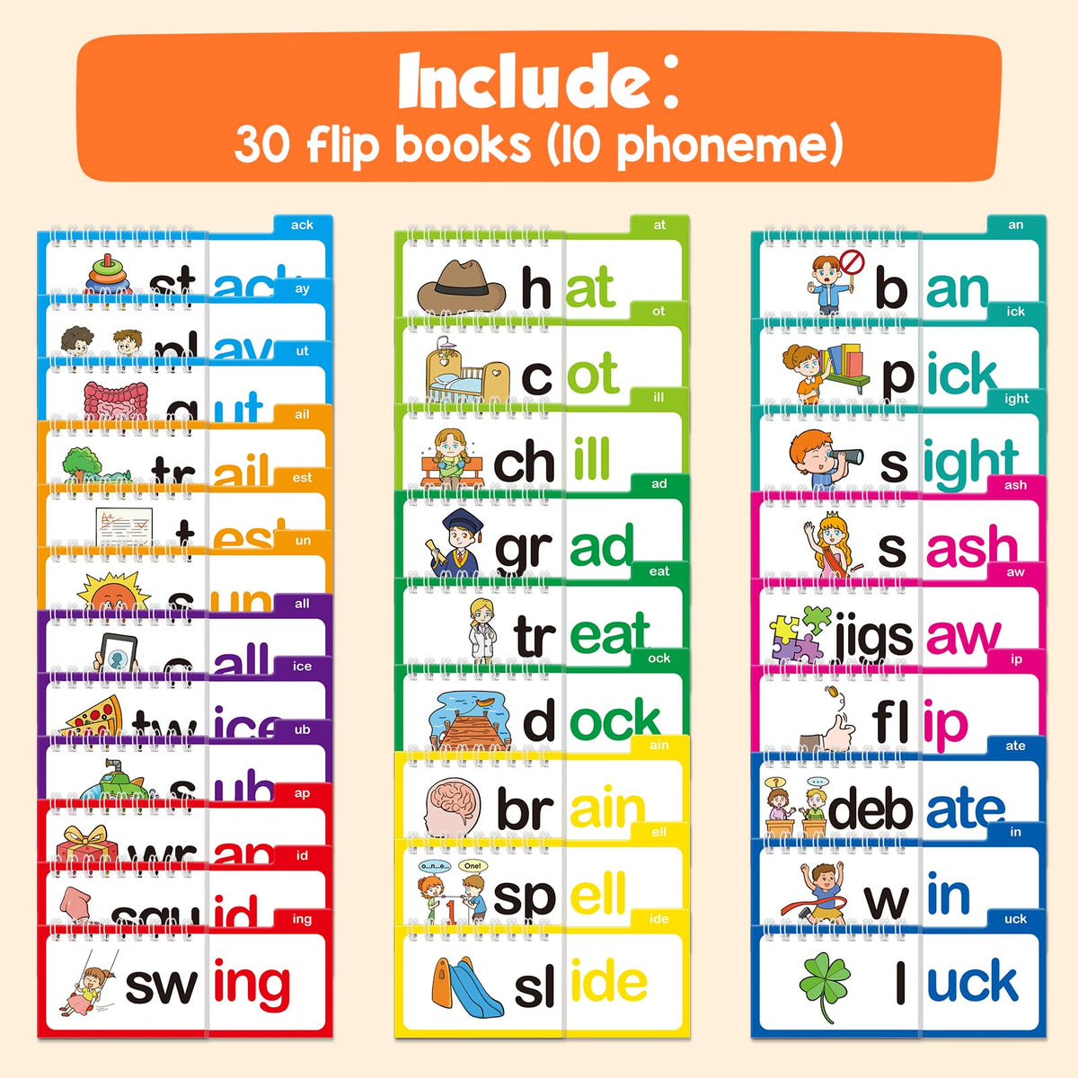 Phonics Flash Cards Word Family Build Book,Learn to Read 30 Read and Rhyme Flip Books,Sight Words