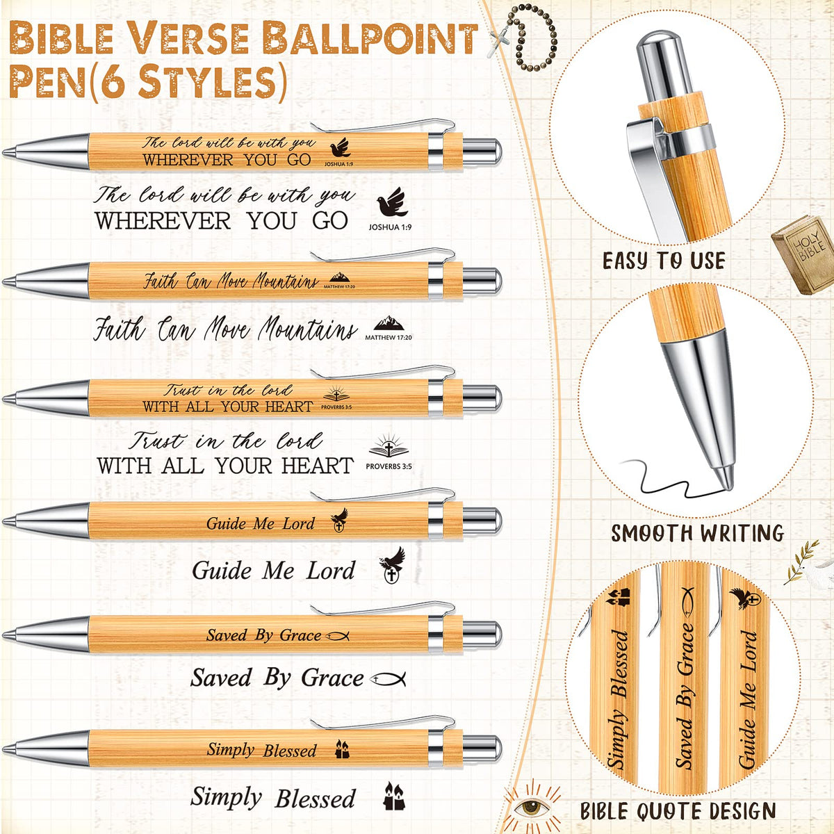 Roowest 48 Bible Verse Bamboo Pens, VBS Volunteer Gifts, Black Ink