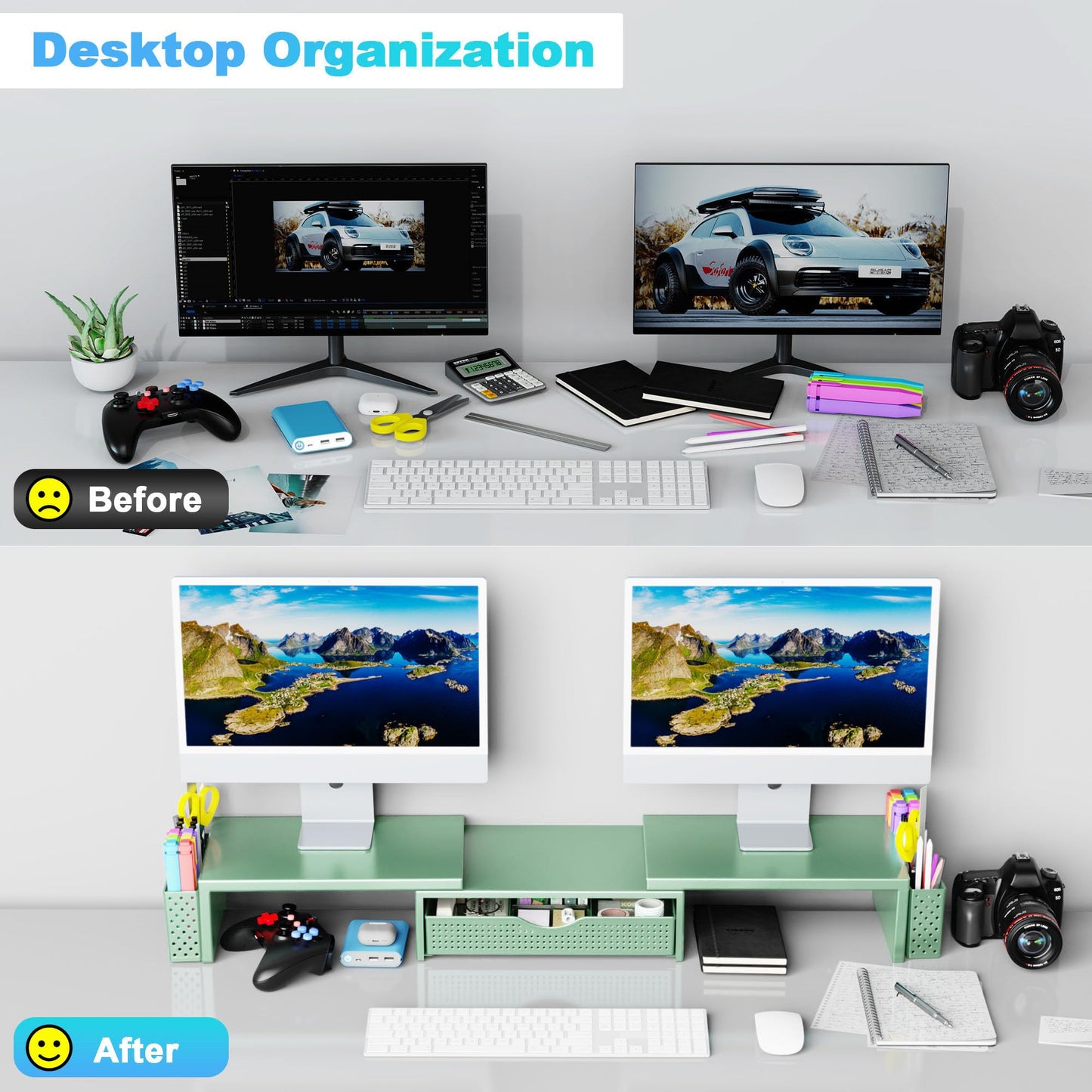 Spacrea Dual Monitor Stand Riser with Drawer and 2 Pen Holders