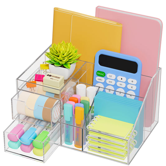 VITVITI Acrylic Desk Organizer with Drawer, Clear 8 Compartments Pen Holder