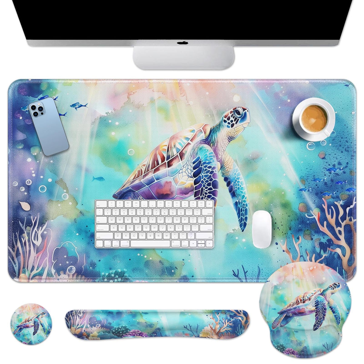 Arttown Keyboard Mouse Pad Set, 4 in 1 Desk Mat Set Sea Turtle