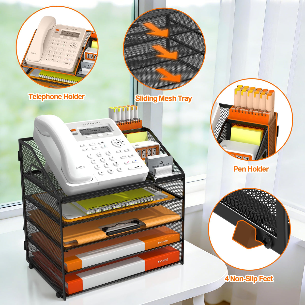 DocNest 5 Tier Metal Mesh Desk File Organizer with Phone Shelf, Black