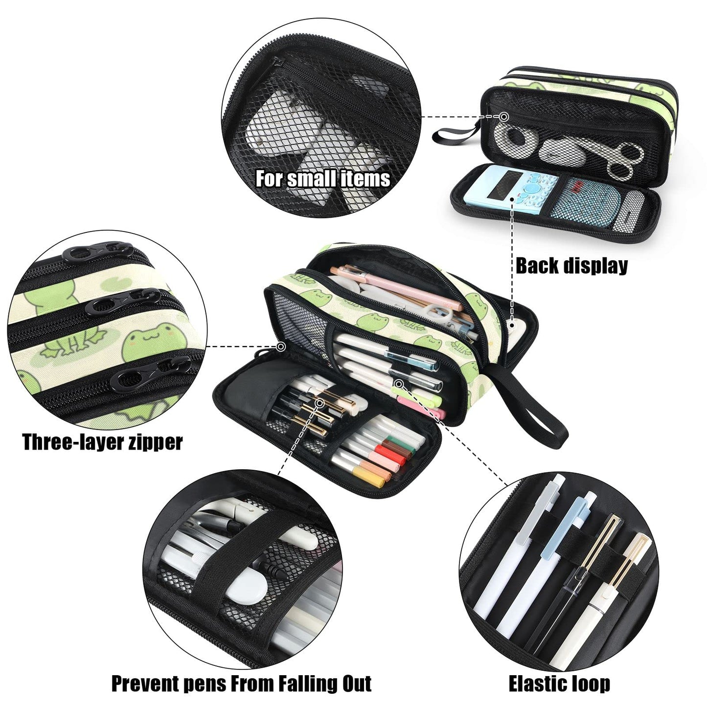 Fustylead Cute Frog Big Capacity Pencil Pen Case, Multi-Purpose Makeup Bag Organizer Storage Pouch