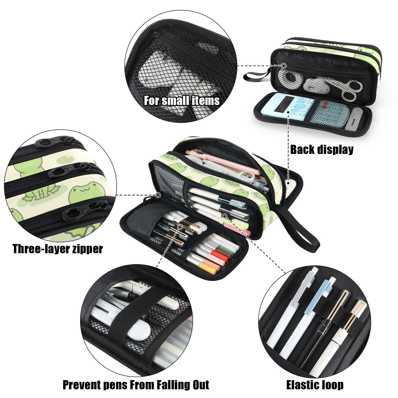Fustylead Cute Frog Big Capacity Pencil Pen Case, Multi-Purpose Makeup Bag Organizer Storage Pouch