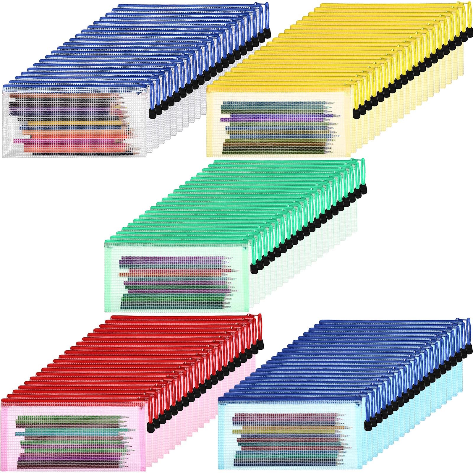 Mimorou 100 Pcs Mesh Pencil Pouch Bulk, Clear Organizer Bags, Vivid Color