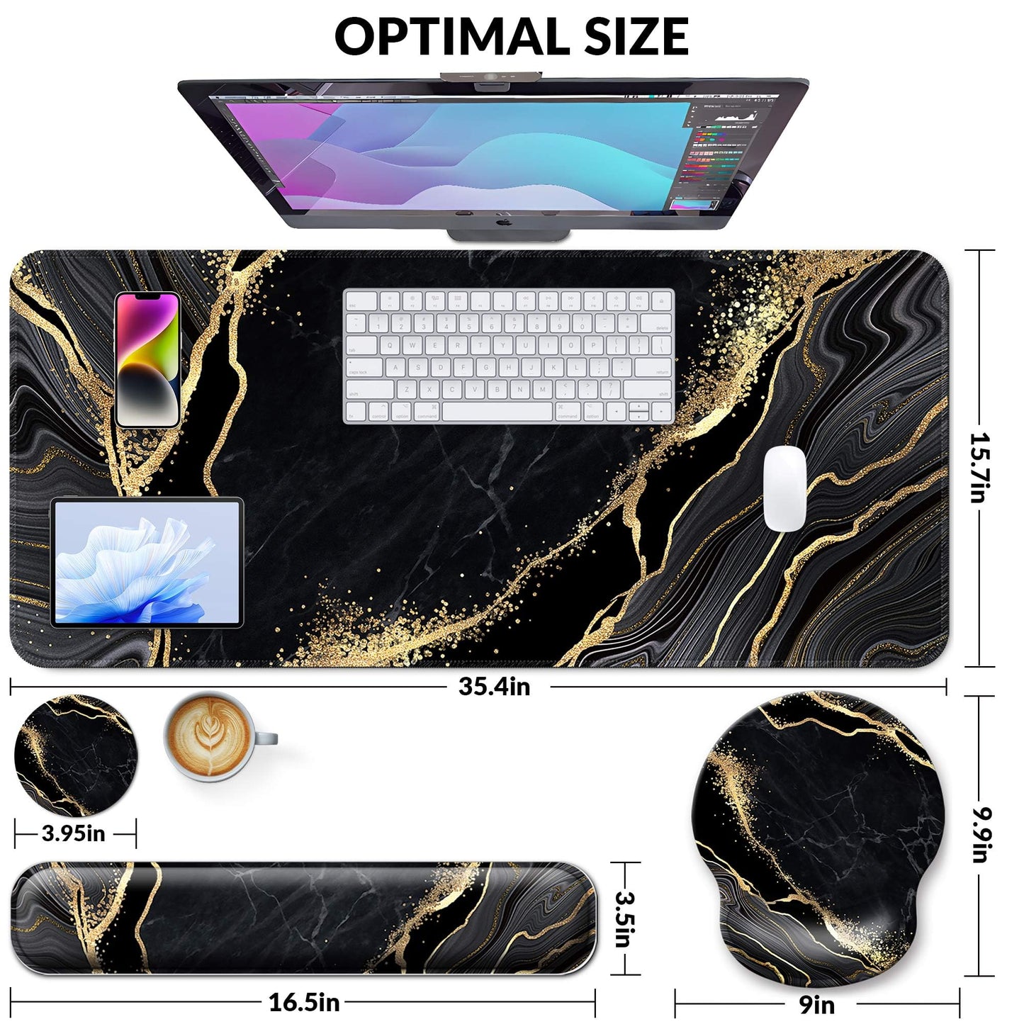 VINEBURY Desk Mat Set Keyboard and Mouse Pad with Wrist Rest Support