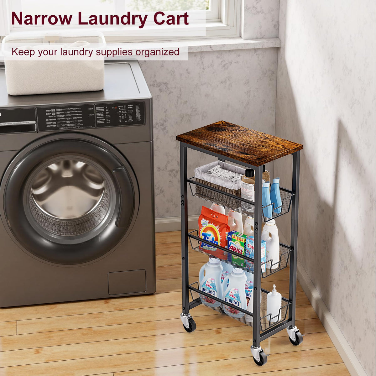 Slim Rolling Cart, 4-Tier Storage Cart, 9.1inch Narrow Kitchen Rolling Cart on Wheels for Small