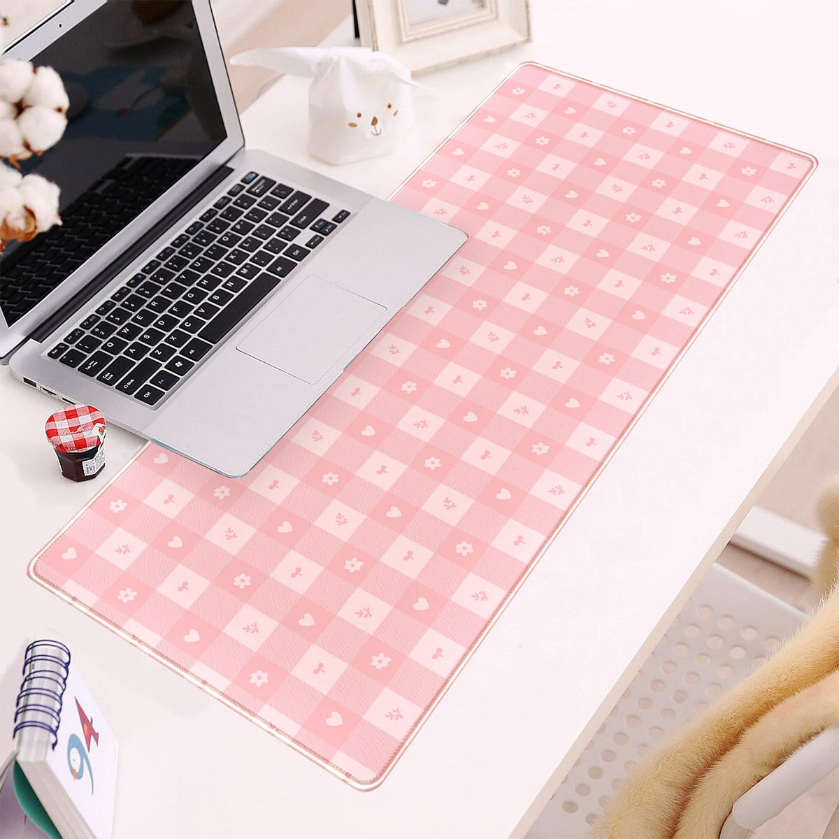 Pink Minimalist Gingham Floral Desk Mat Gaming Mouse Pad Large Cute Pastel Desk Pad Deskmat Kawaii