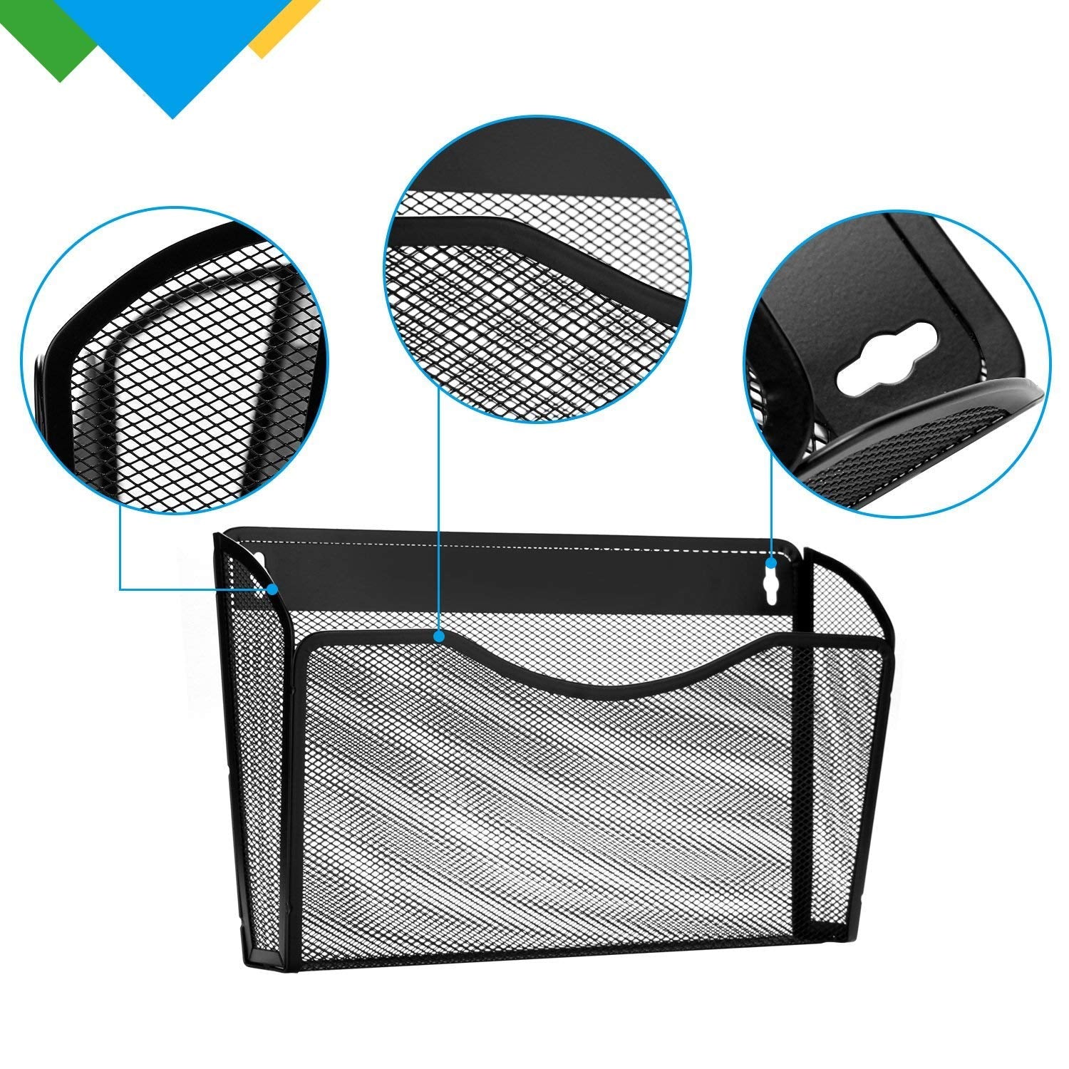 3 Pocket Wall Mount File Hanging Organizer, Metal Mesh Office Home Folder Binder Holder Magazine