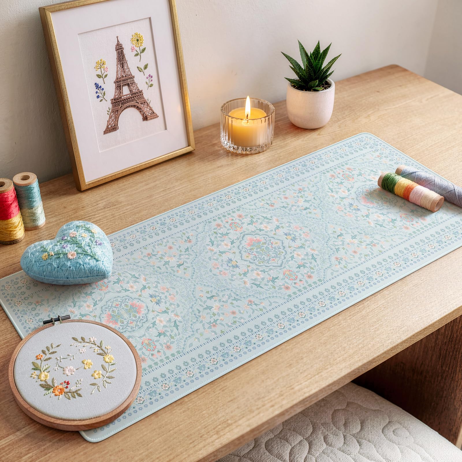 HAOCOO Cute Blue Floral Desk Pad, 31.5" x 11.8" Mouse Pad for Office Setup