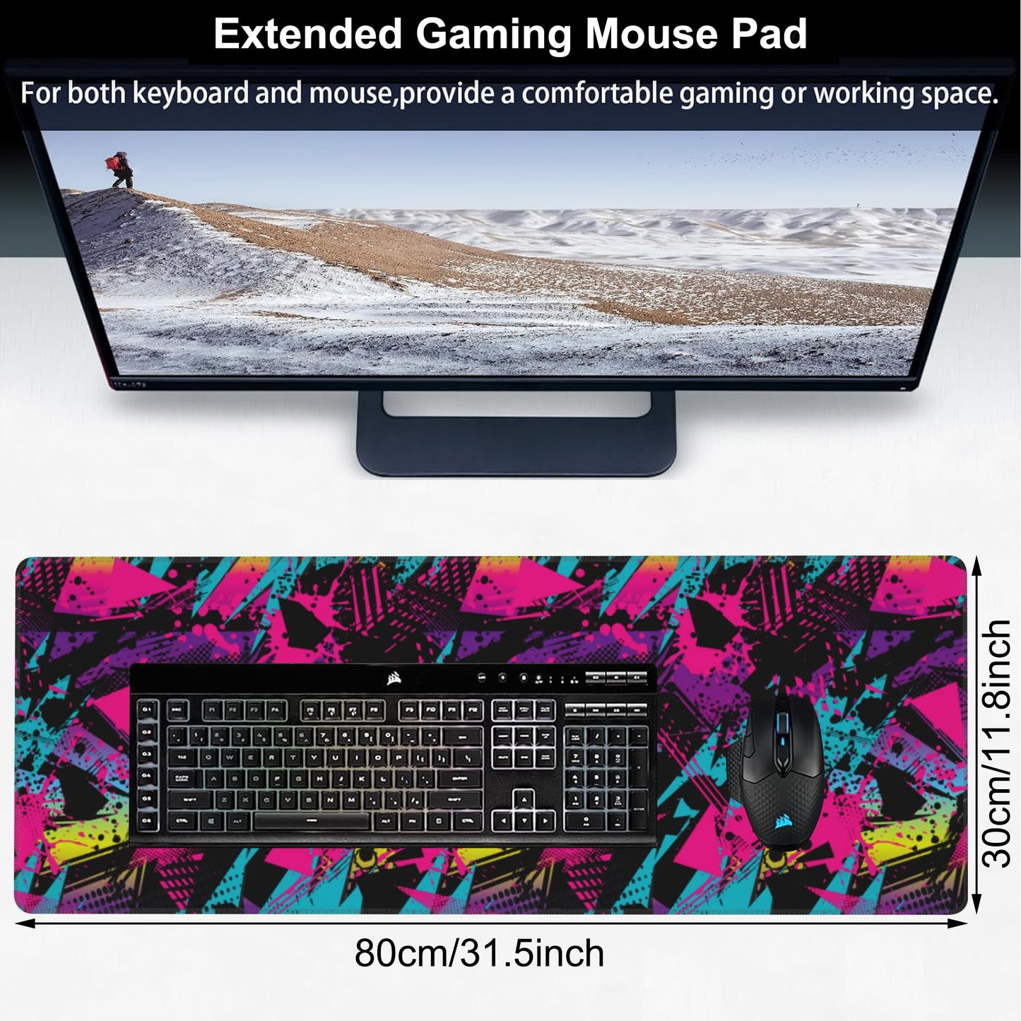 Abstract Grunge Elements Desk Mat,Large Neon Color Patterns Gaming Keyboard Mouse Pad,Non-Slip
