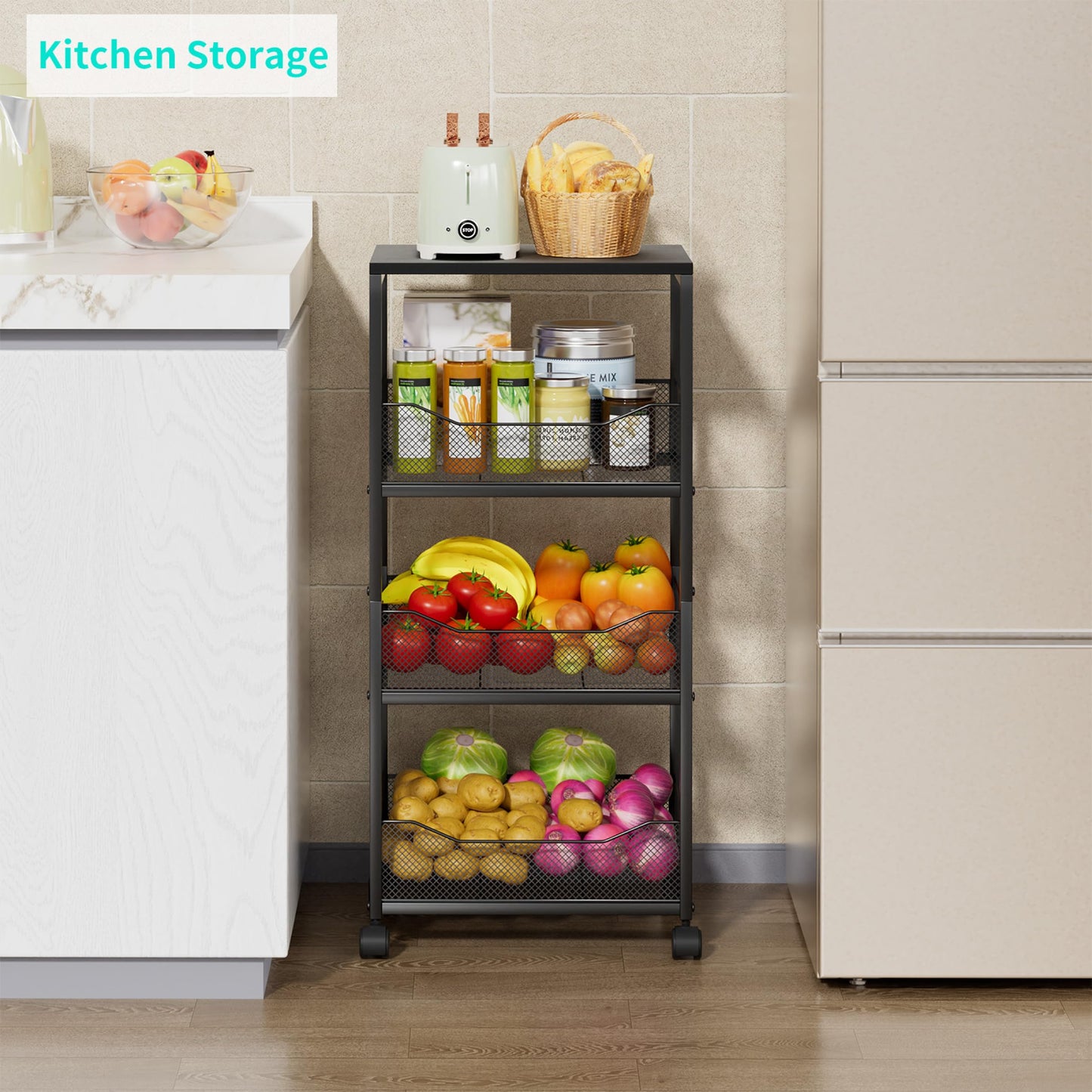 HapiRm Fruit Basket Kitchen Cart - 4-Tier Rolling Storage Cart with Wheels, Fruit Vegetable Basket