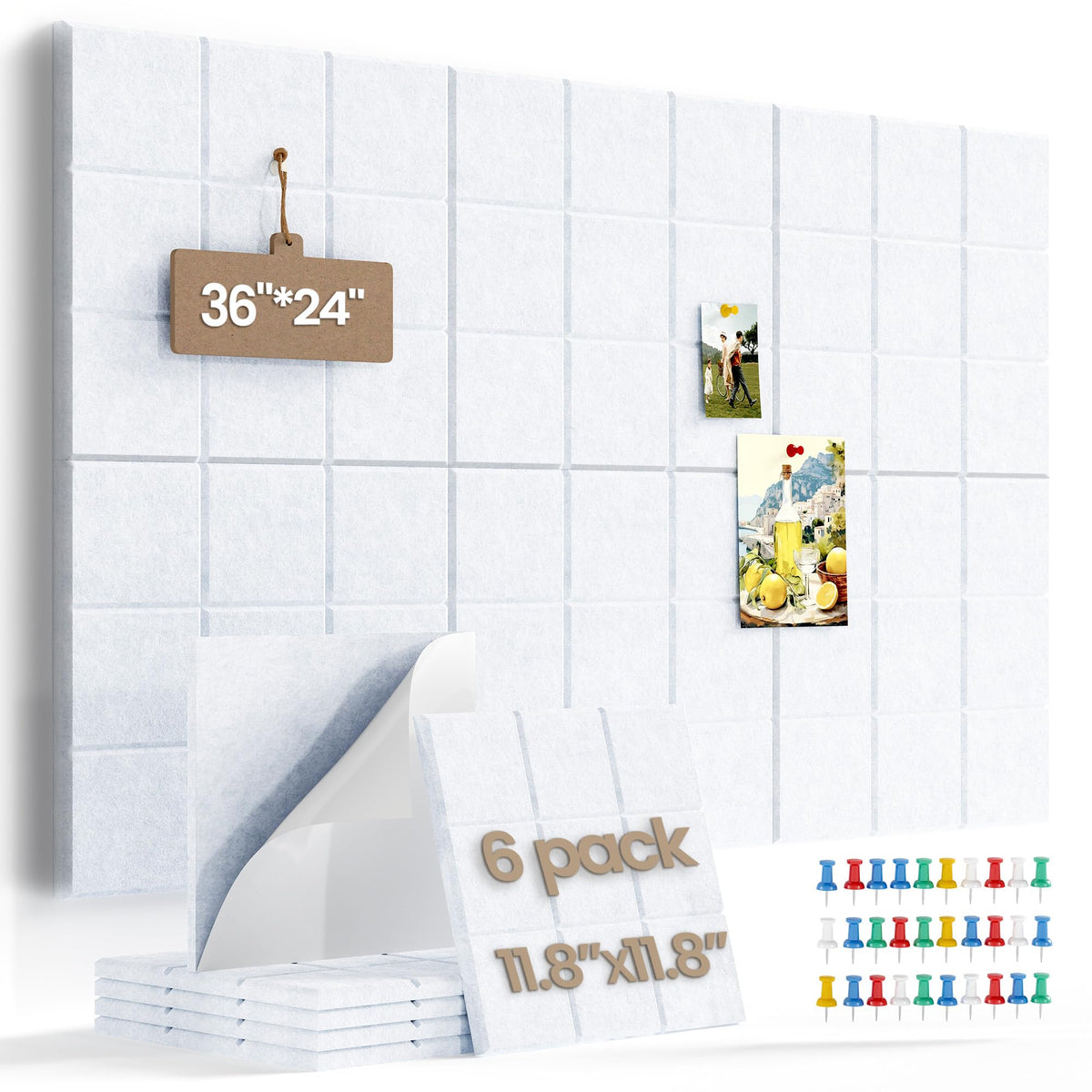 Uoisaiko Large Cork Board Felt Board Tiles for Walls with 30 Push Pins, 11.8"x11.8" Pack of 6 Pin