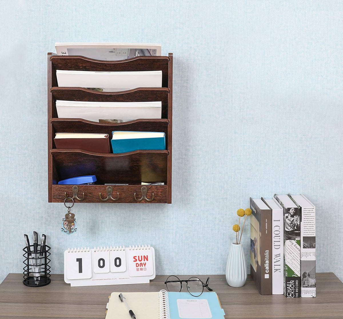 PAG-Mass 5-Tier Wall File Holder Hanging Mail Organizer Wood Magazine Literature Rack with 6 Hooks