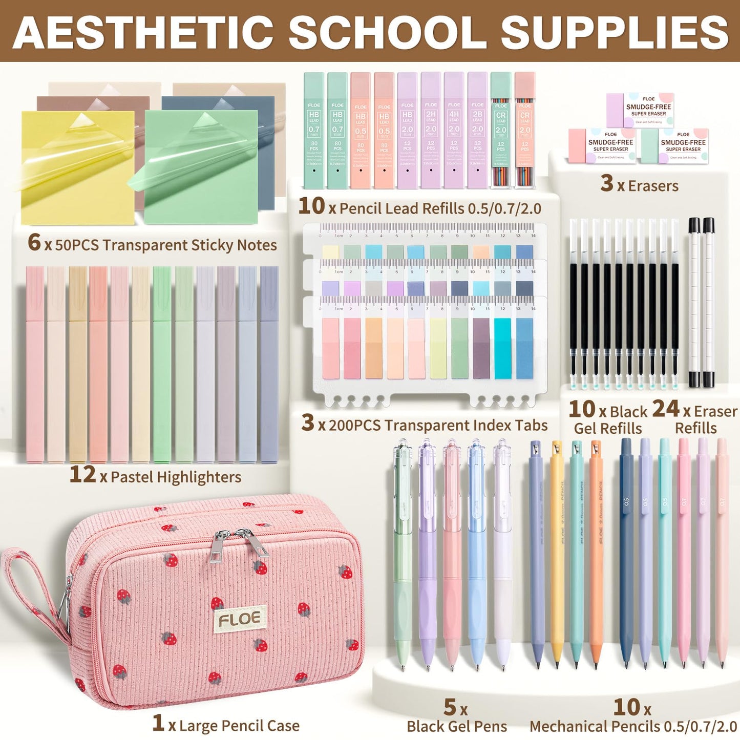 62PCS Aesthetic School Supplies Cute Back to School Supplies Stationary Set