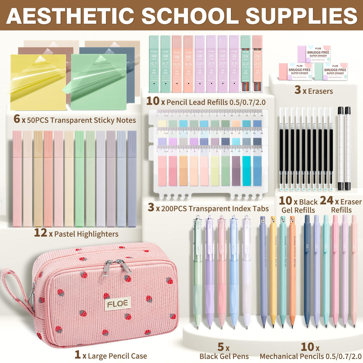 62PCS Aesthetic School Supplies Cute Back to School Supplies Stationary Set