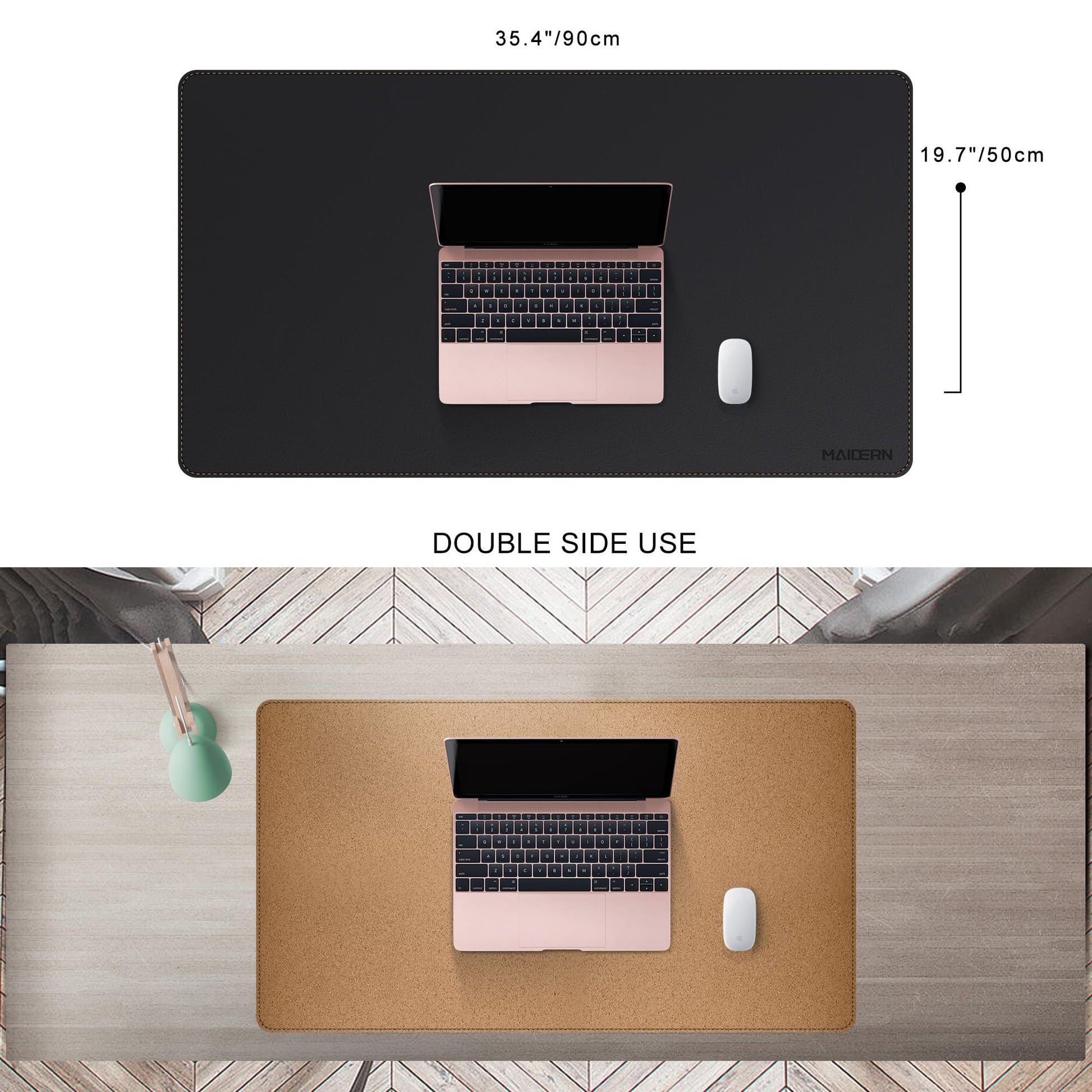 MAIDERN Cork & Leather Desk Mat, 35.4” x 19.6” Reversible Desk Pad(Black)