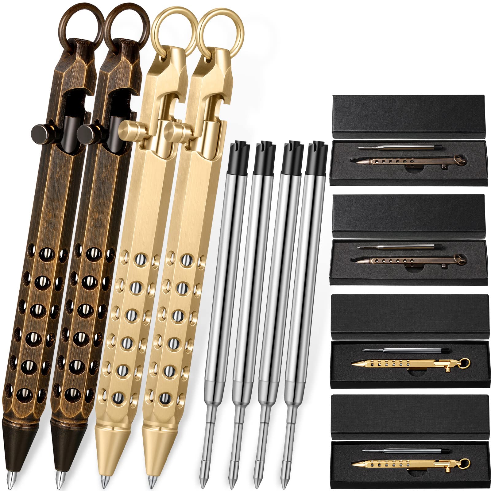 Chinco 12 Pcs Bolt Action Pen Sets Gift for Men 4 Hexagon Solid Brass Pens 8 Ink Refills Edc Pen
