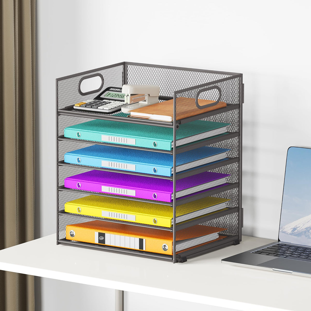 6 Tiers Letter Tray Paper Organizer With Handle, Mesh Desk File Organizer, Metal Desktop Document