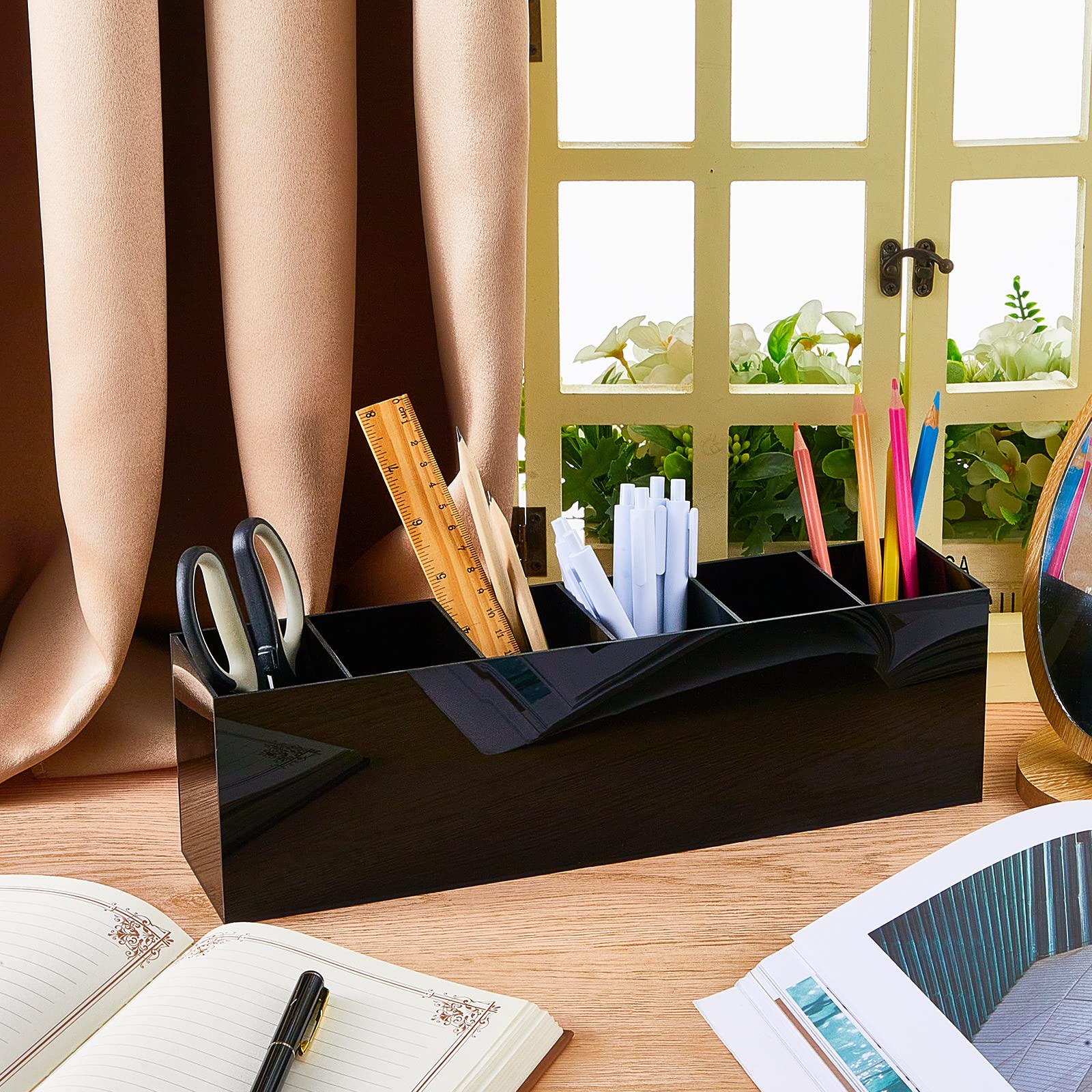 Jetec 6 Compartments Acrylic Pen Holder, Pencil Makeup Brush Holder, Black