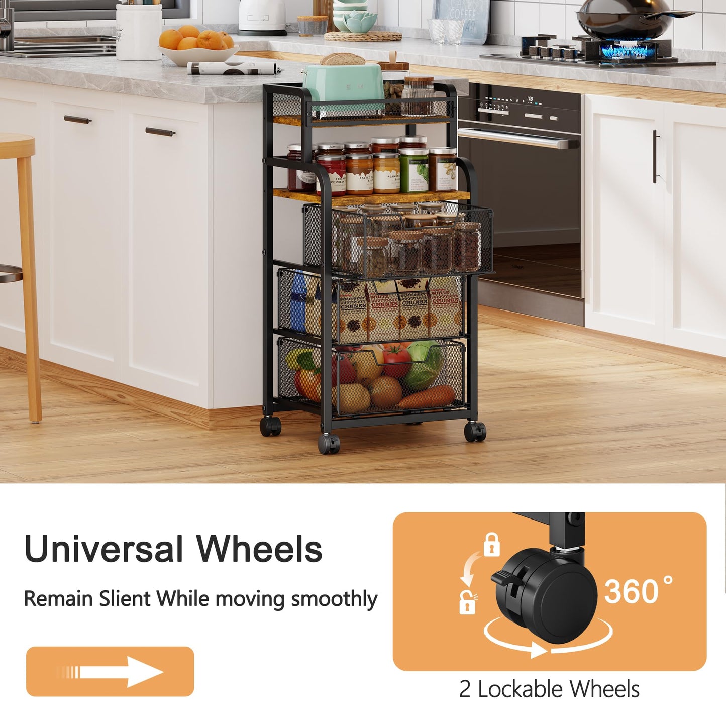 Yociyoga Fruit Vegetable Storage Cart, Kitchen Rolling Cart with Wheels, 4 Tier Pantry Organizer