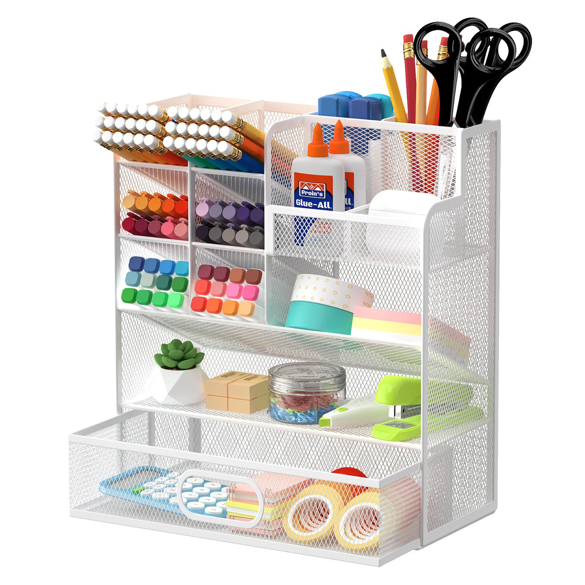 ReePlan Mesh Pen Organizer for Desk, 13 Compartments with Drawer, White