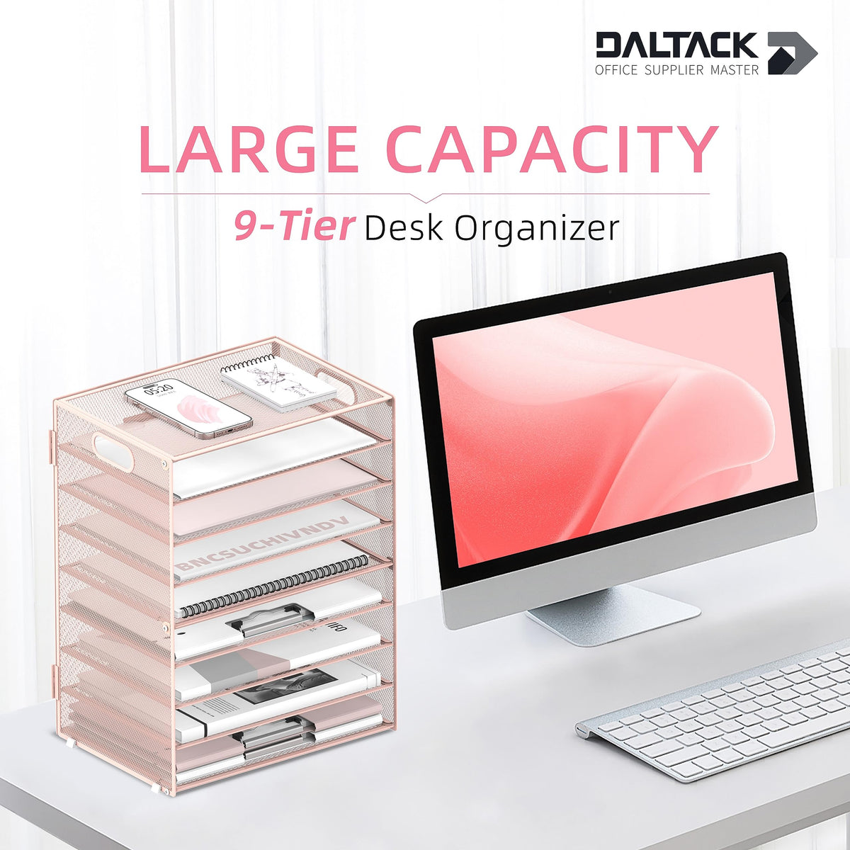 9-Tier Paper Organizer for Desk, Letter Tray with Handles, Pink, 2 Pack