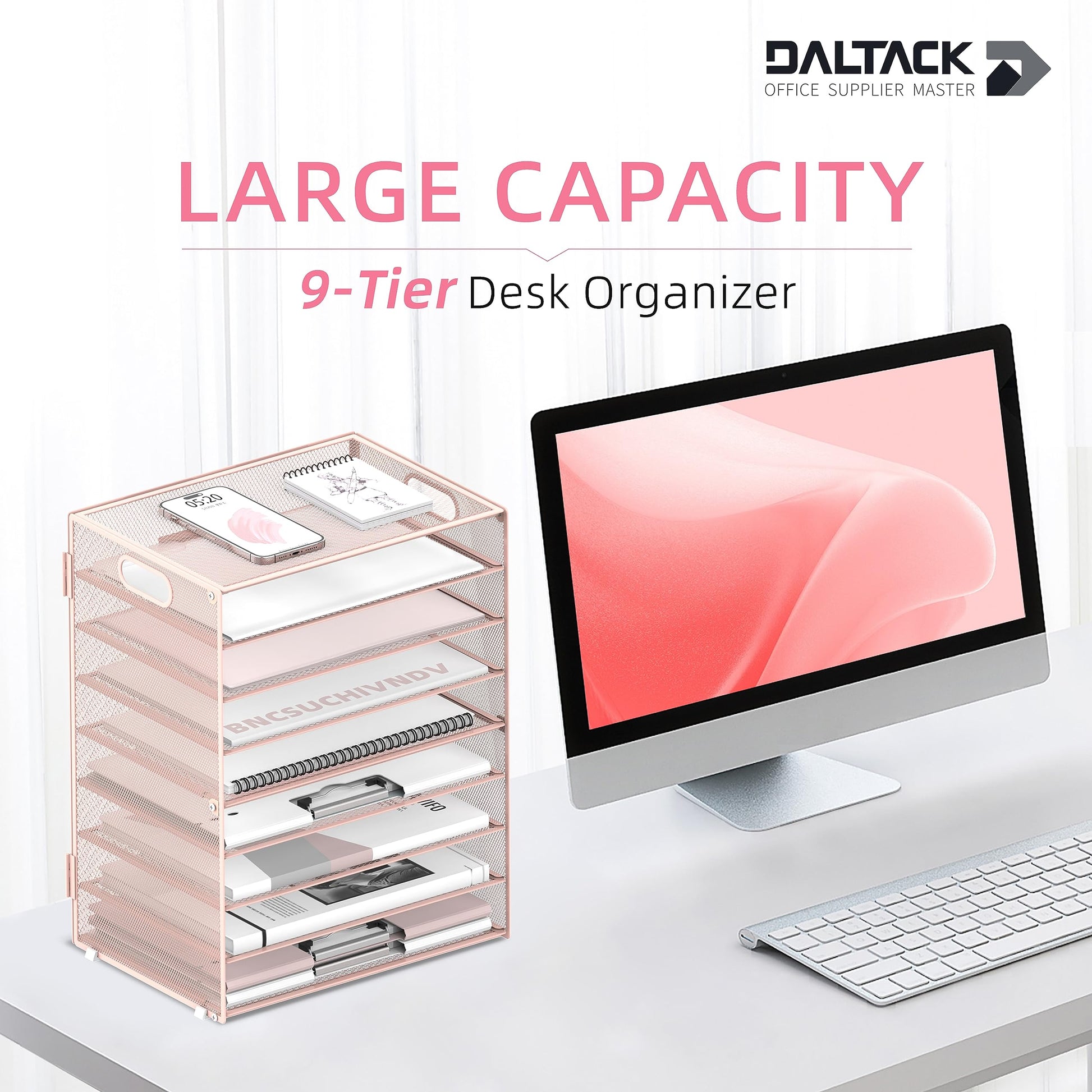 9-Tier Paper Organizer for Desk, Letter Tray with Handles, Pink, 2 Pack