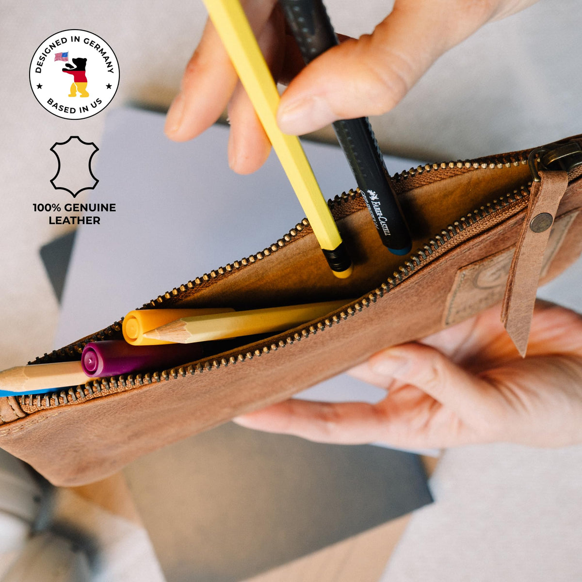 BERLINER BAGS Genuine Leather Pencil Case, Vintage Pen Pouch - Brown