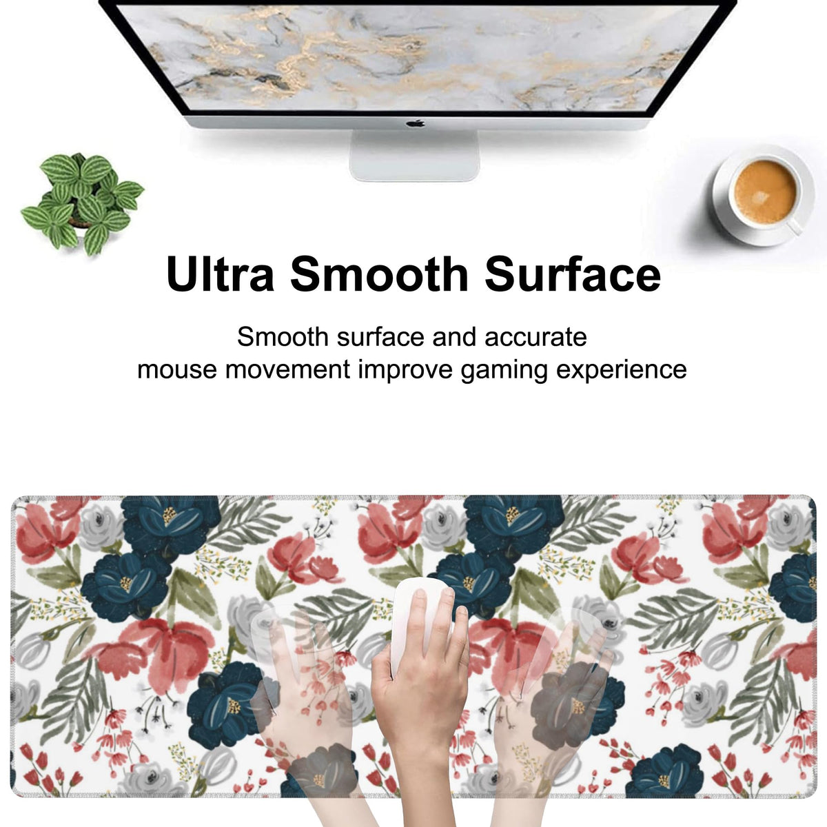 Watercolor Flowers Desk Mat,Large Colorful Floral Gaming Keyboard Mouse Pad,Non-Slip Rubber Base