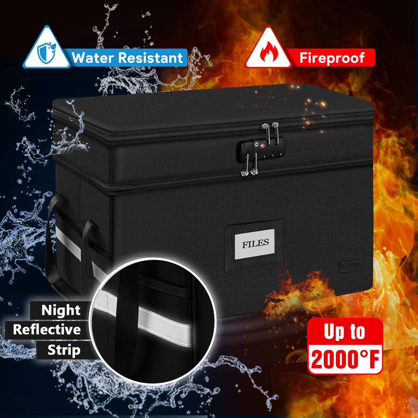 Large Fireproof Document Box with Lock, 2 Layer File Storage Organizer Box