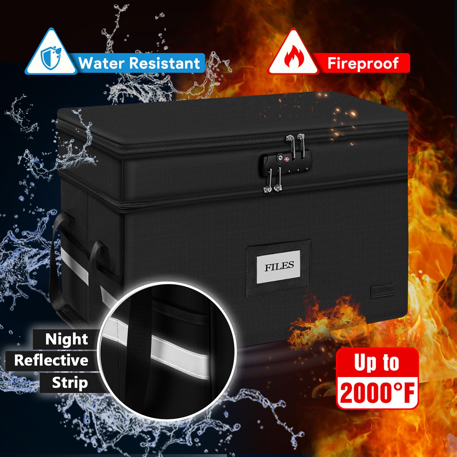 Large Fireproof Document Box with Lock, 2 Layer File Storage Organizer Box