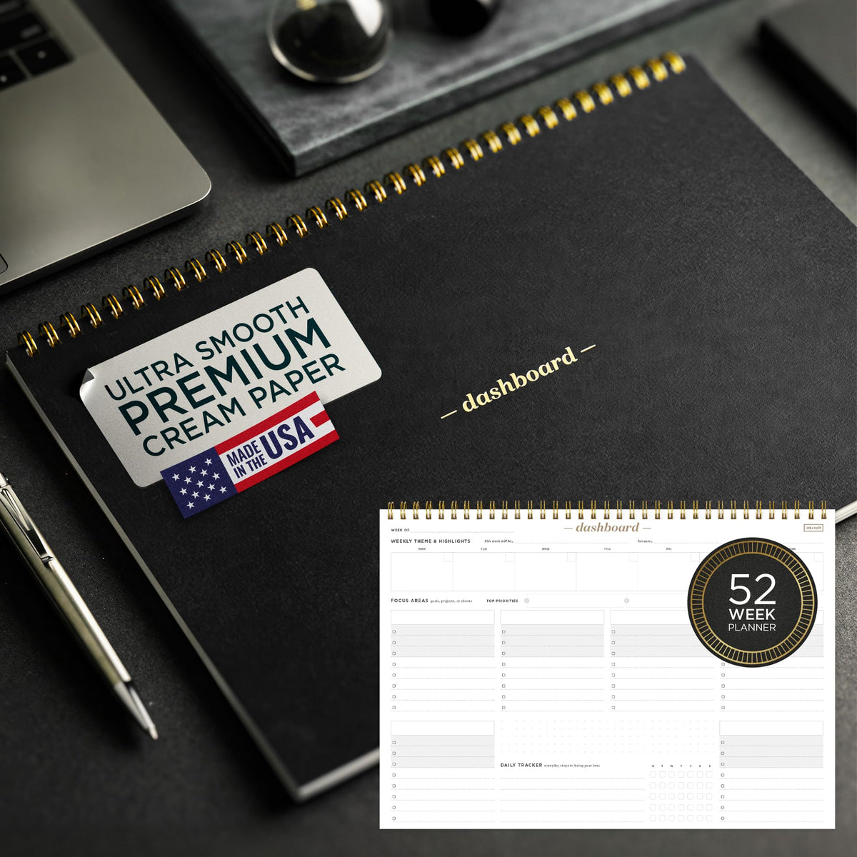 Ink+Volt Dashboard Spiral Deskpad | Undated Weekly Planner Notepad w/ 52 Undated Sheets, Premium