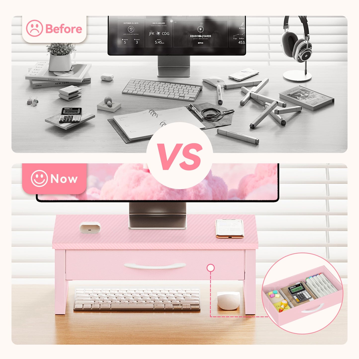 HEWORLIF Desk Organizers and Accessories, Computer Monitor Stand Riser with Fabric Drawer, 2-Tier