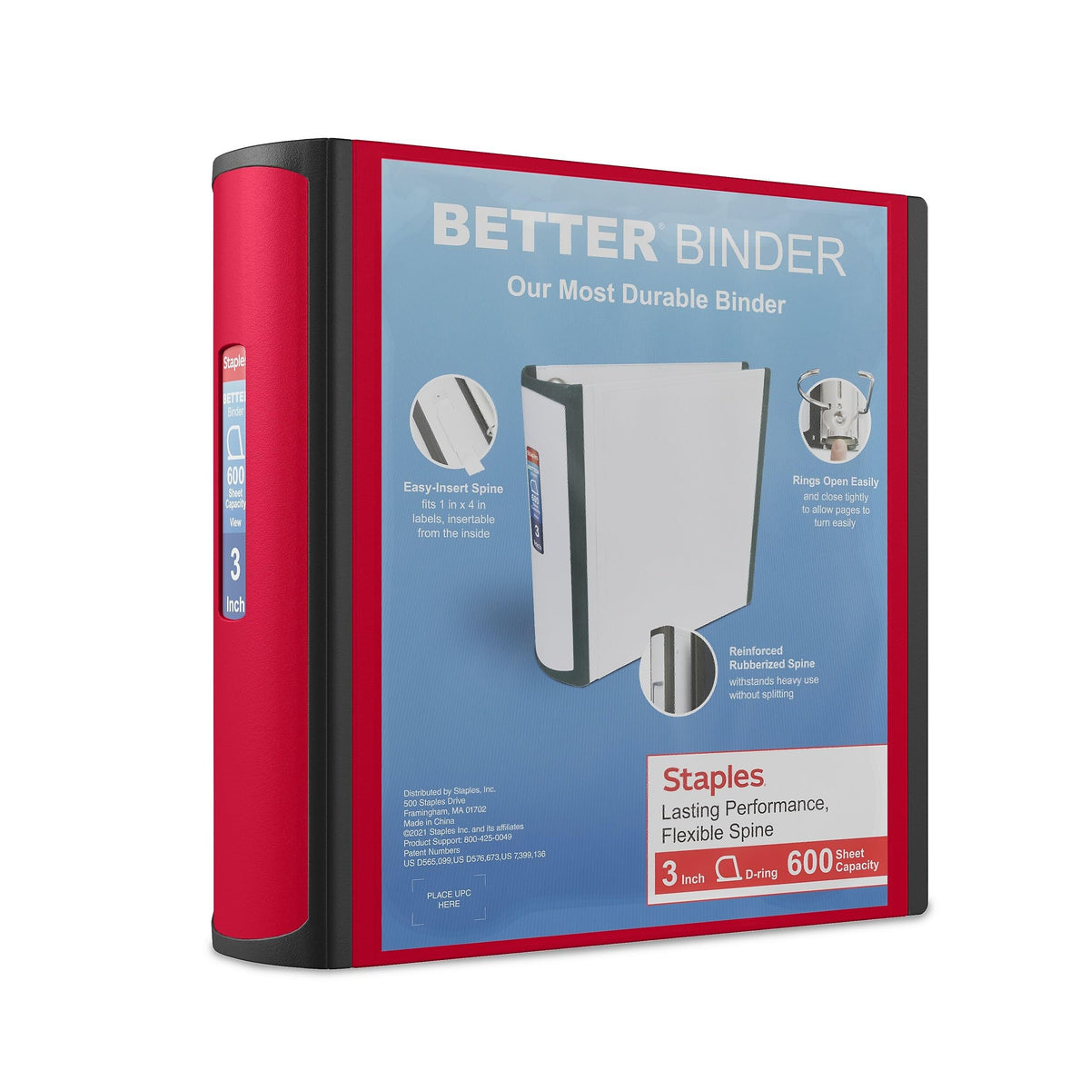 Staples Better Binder, 3 Inch D-Ring, Red, 600 Sheets, 2-Pack