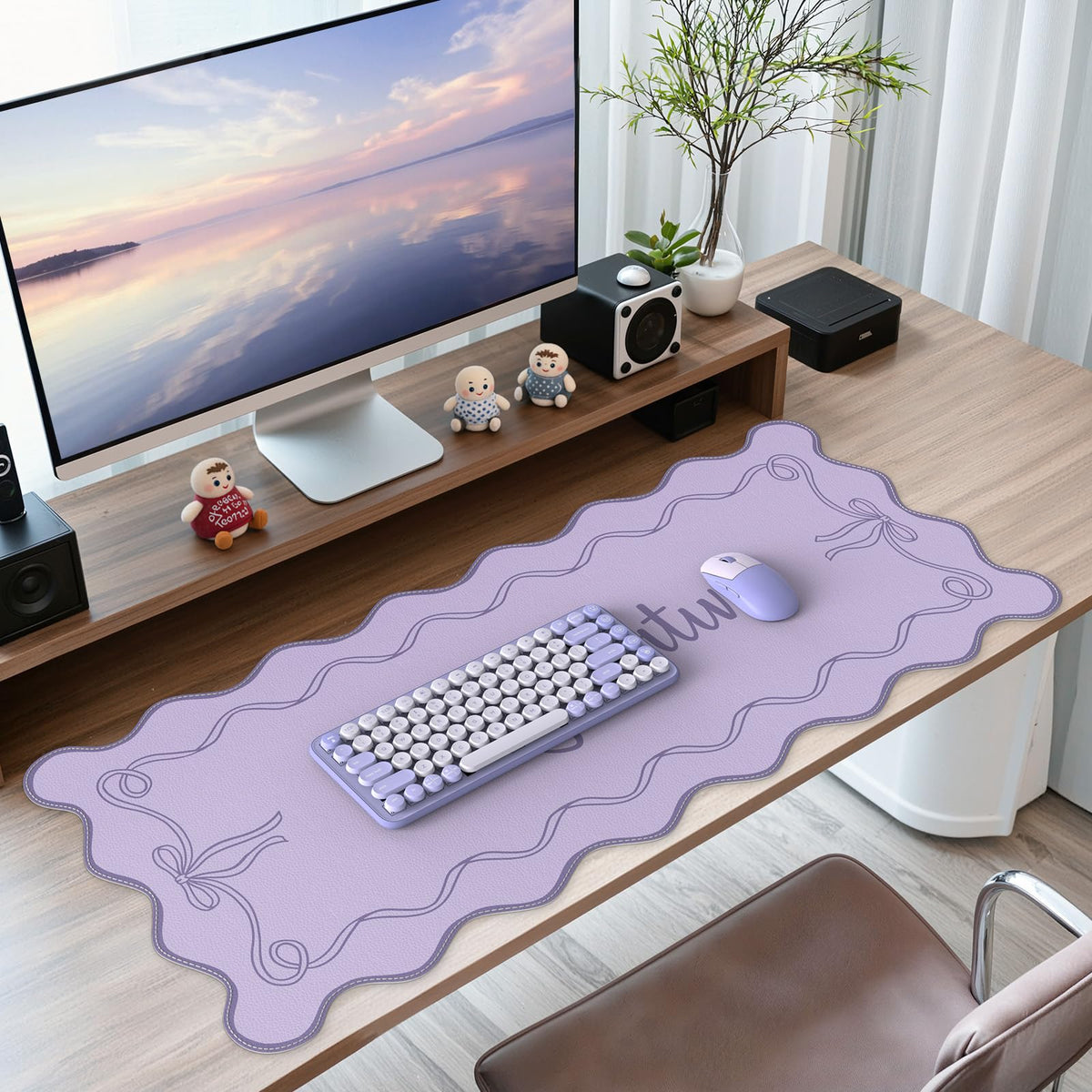 iCasso Purple Office Decor for Women, Scalloped Desk Cover Mat, Large Mouse Pad, Leather Waterproof