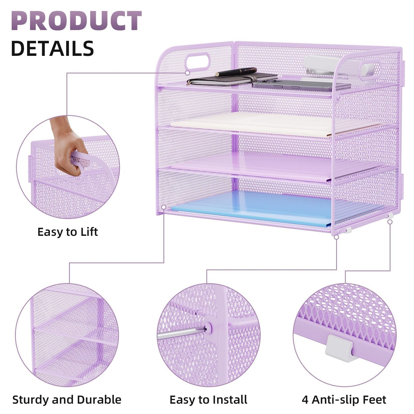 Marbrasse 2 Pack 4 Tier Paper Organizer Letter Tray - Mesh Desk File Organizer with Handle, Paper