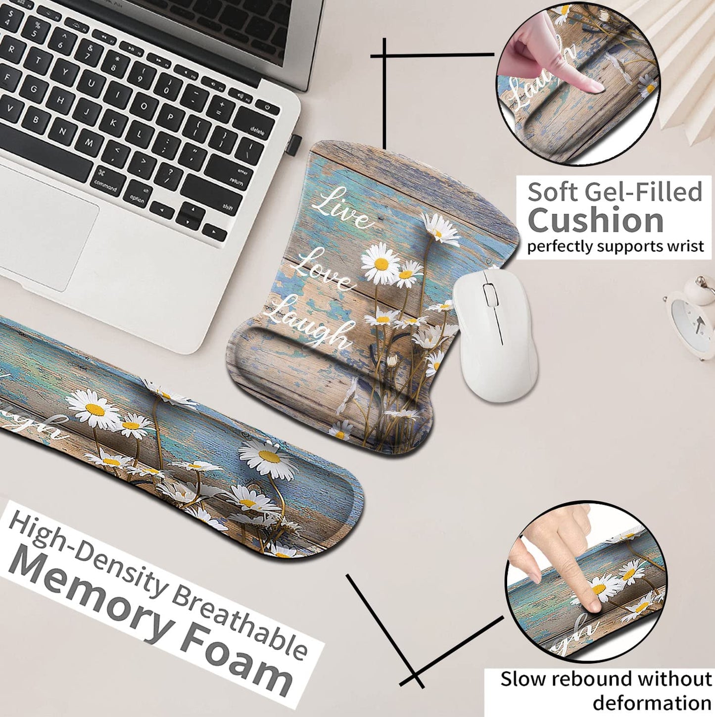 Mouse Pad for Women, Keyboard Wrist Rest Relieves Fatigue，White Daisy Flowers on Wooden ，Ergonomic