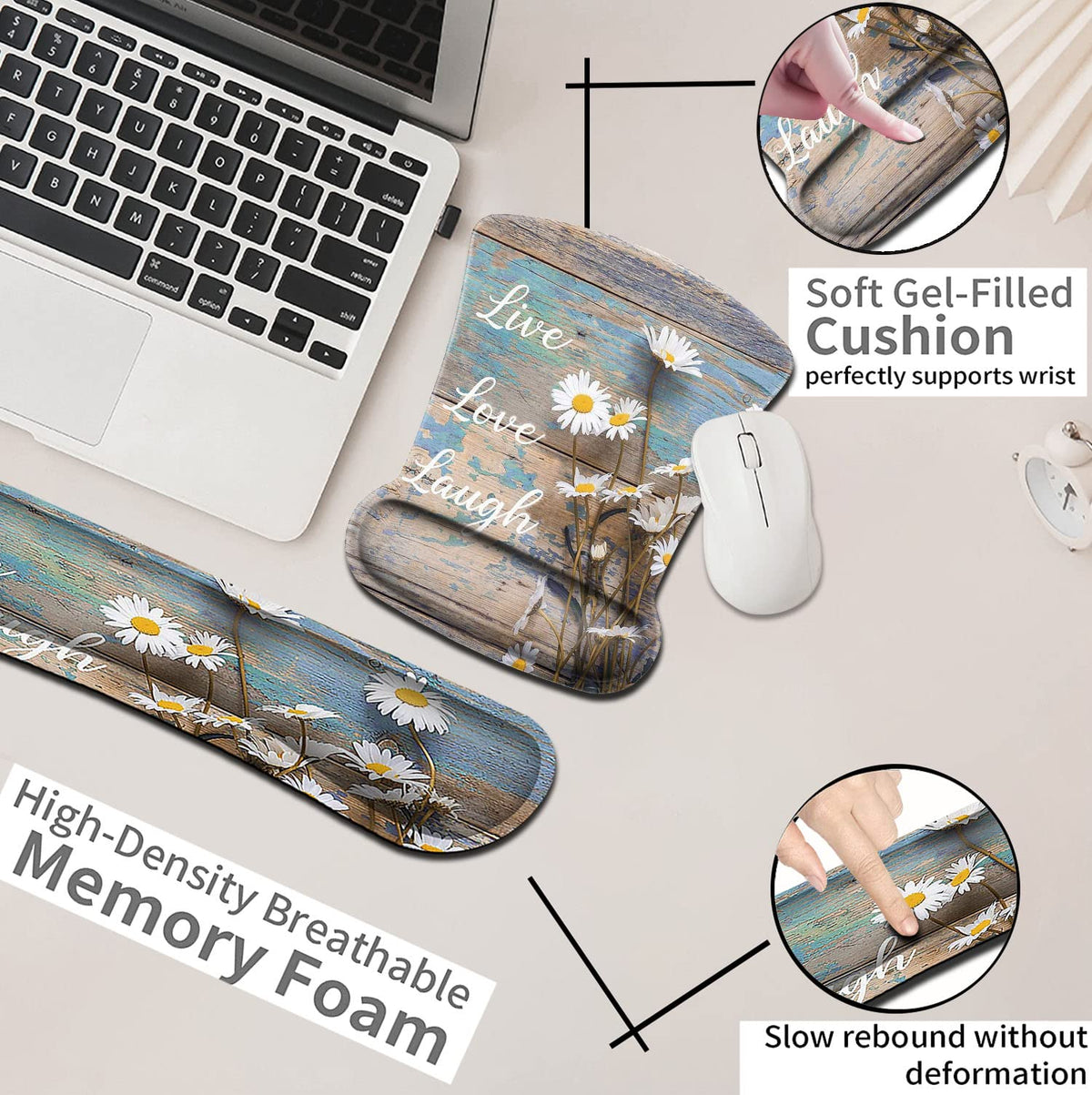 Mouse Pad for Women, Keyboard Wrist Rest Relieves Fatigue，White Daisy Flowers on Wooden ，Ergonomic