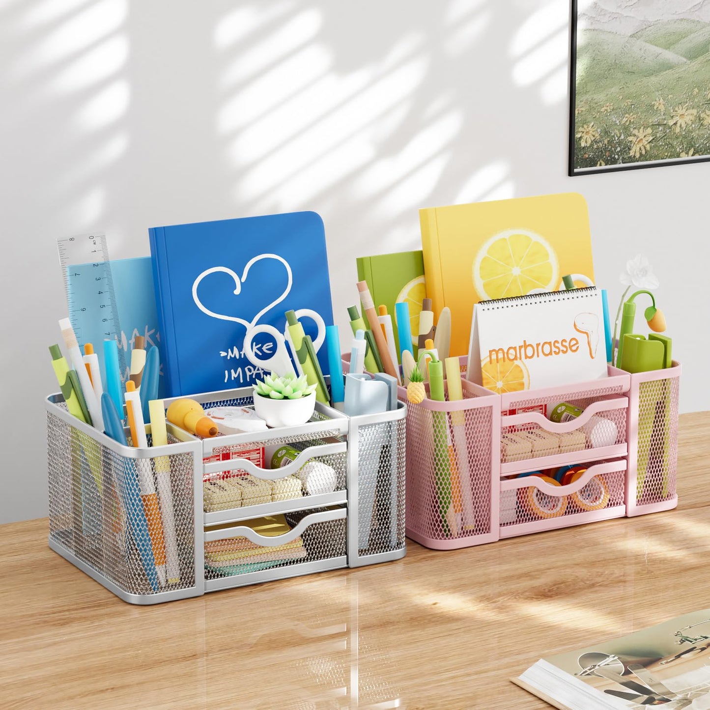 Marbrasse Mesh Desk Organizer, Pen Organizer with 2 Drawer, Multi-Functional Pencil Holder, Desk
