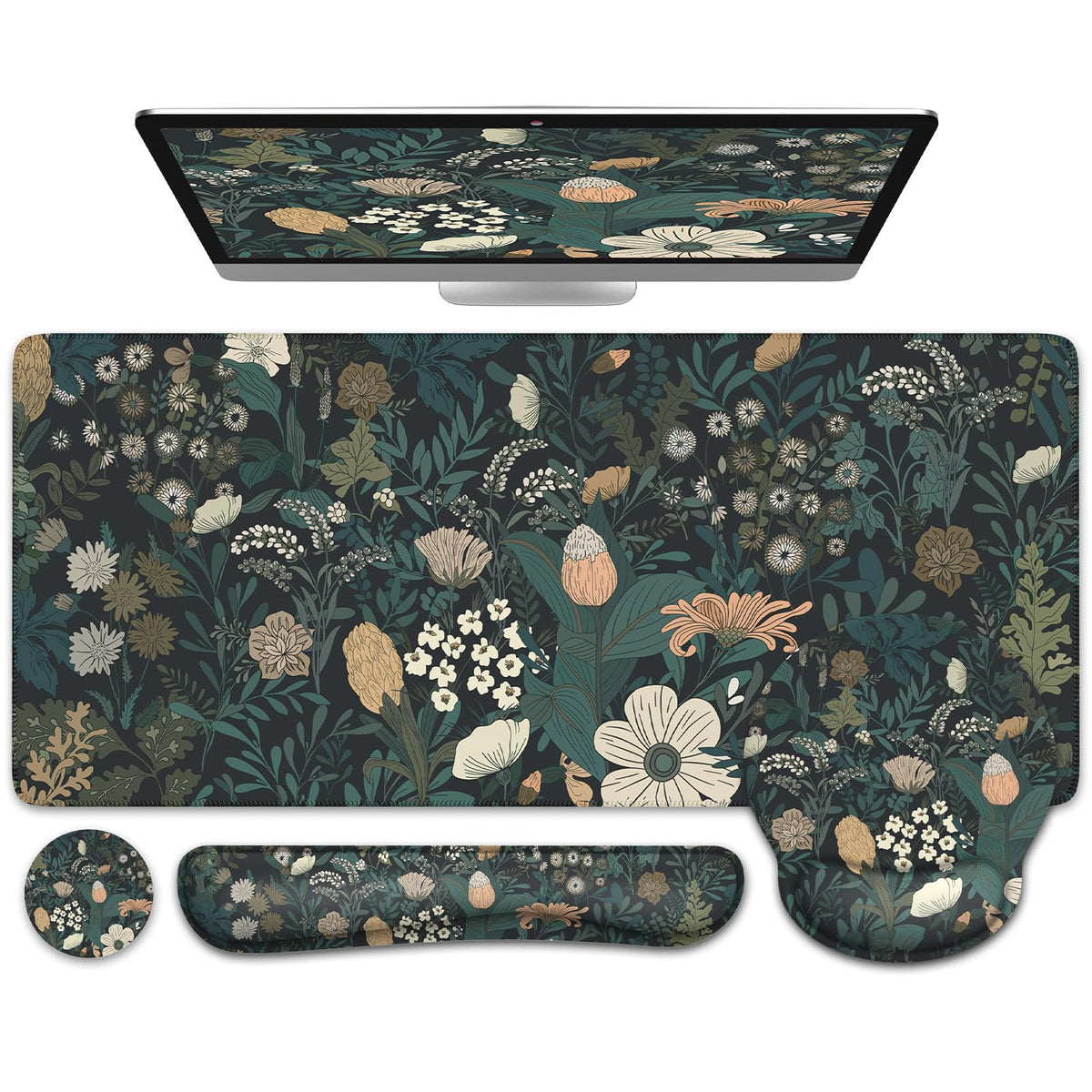 iCasso Desk Cover Mat, 4in1 Floral Large Mouse Pad with Wrist Rest