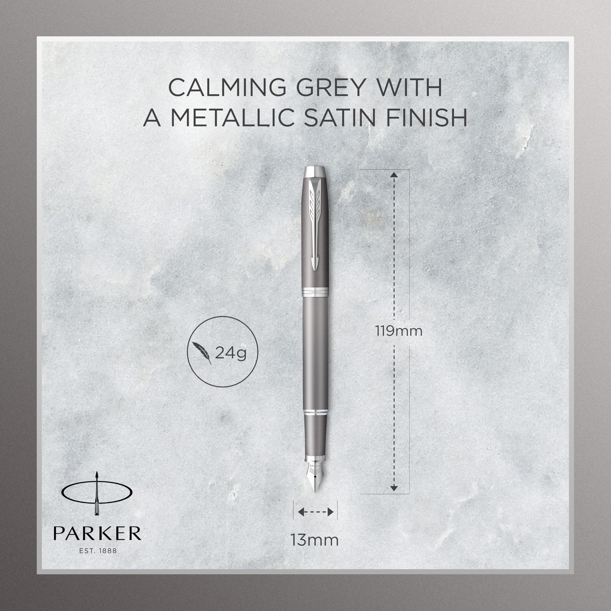 PARKER IM Writing Rituals Fountain Pen, Grey Finish with Gradient, Chrome Trims, Medium Nib, Blue
