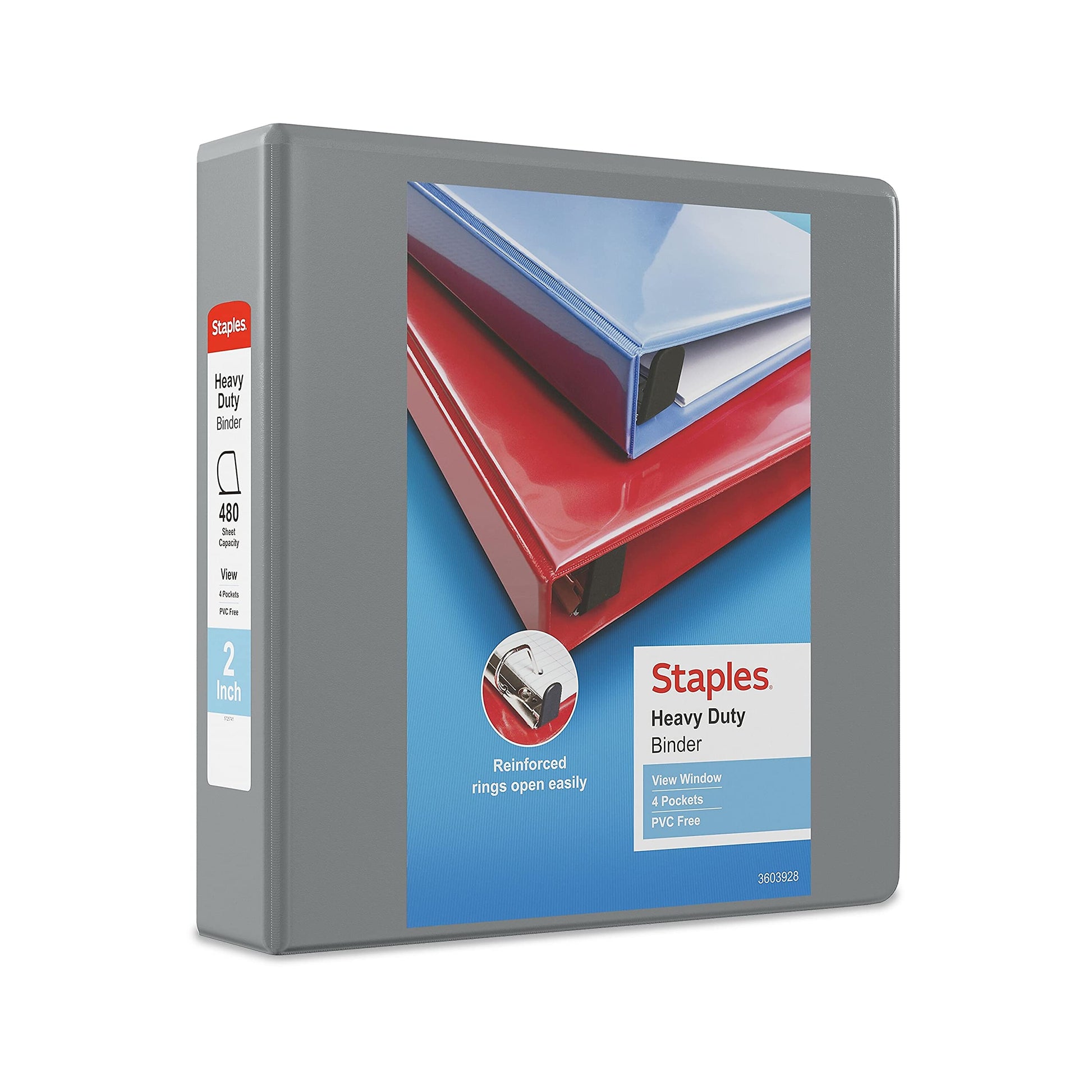 Staples Heavy-Duty 2-Inch 3-Ring View Binder, Gray, D-Rings