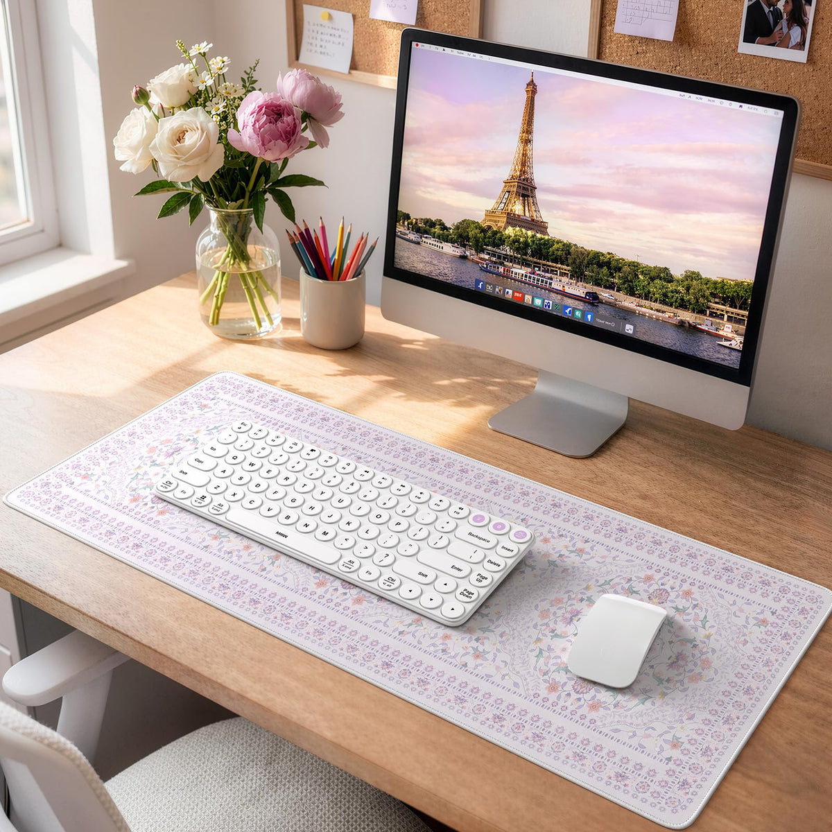 HAOCOO Purple Floral Keyboard Pad, 31.5" x 11.8" Desk Mat for Home Study