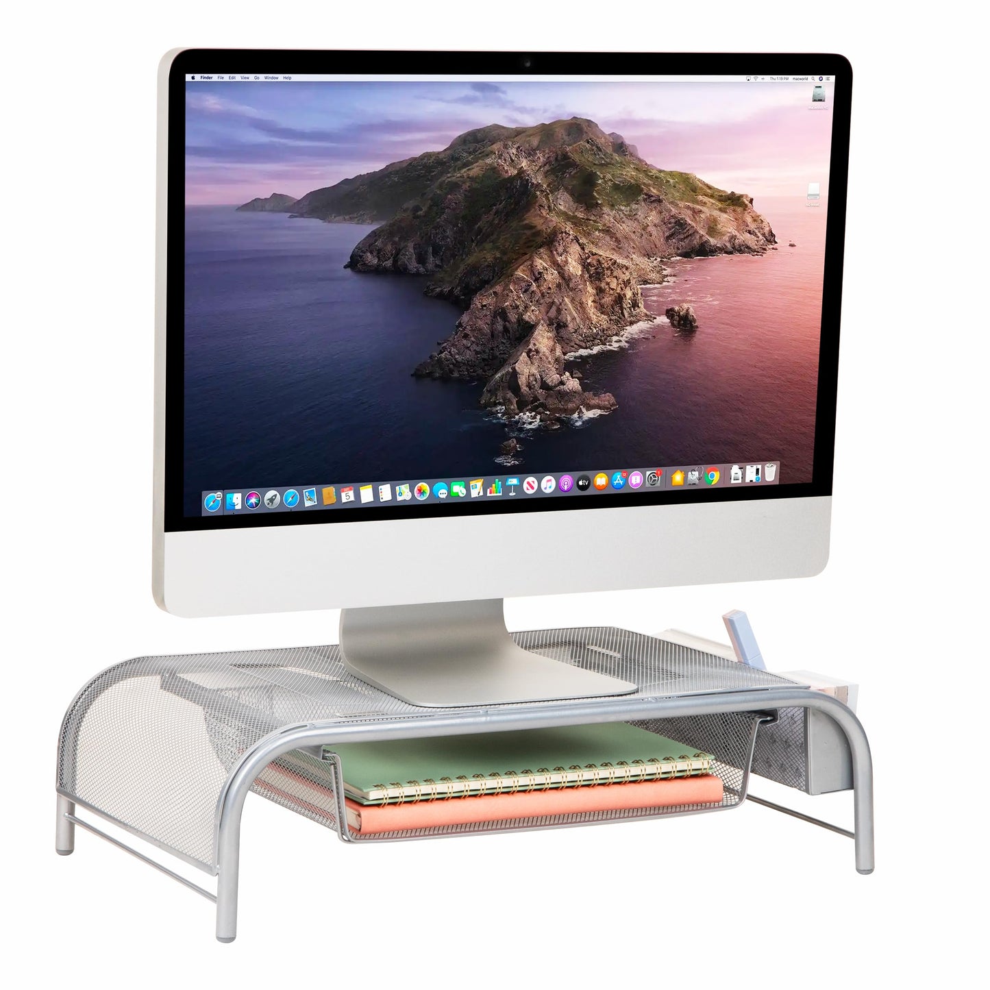 Mind Reader Monitor Stand, Ventilated Laptop Riser, Paper Tray, Storage, Office, Metal Mesh, 20"L x