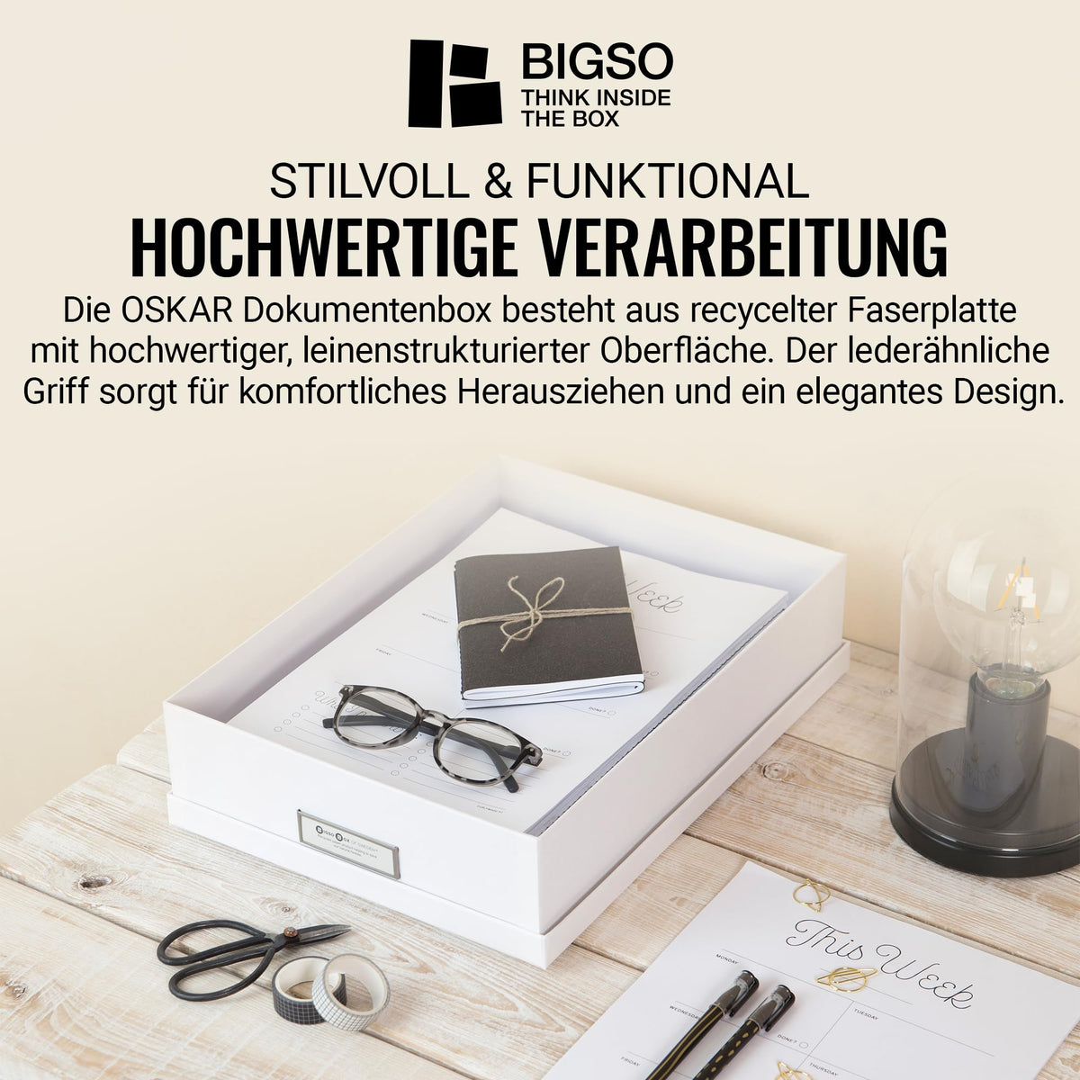 Bigso Box of Sweden Document Box for A4 Paper, Brochures and Notes - Box with Lid and Handle