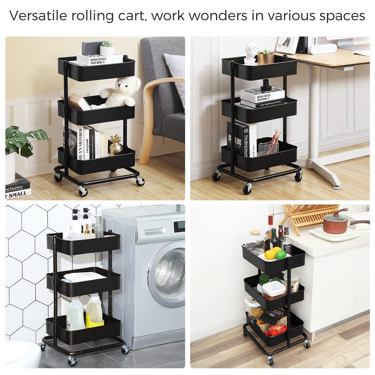 SONGMICS 3-Tier Metal Rolling Cart, Adjustable Shelves, with 2 Brakes